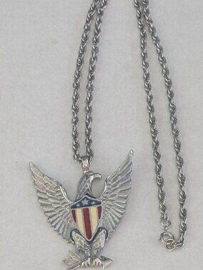 Vintage Articulated Patriotic Enamel American Eagle Silver Tone Pendant Necklace